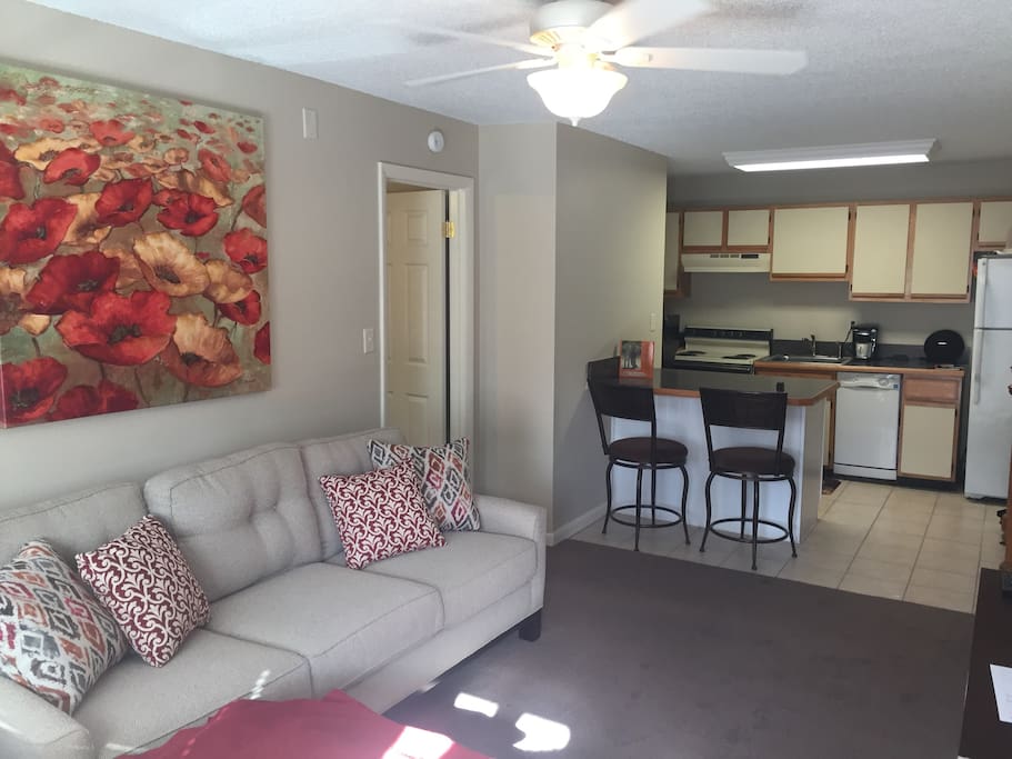 Comfortable, well lit living room with counter space for eating or working.