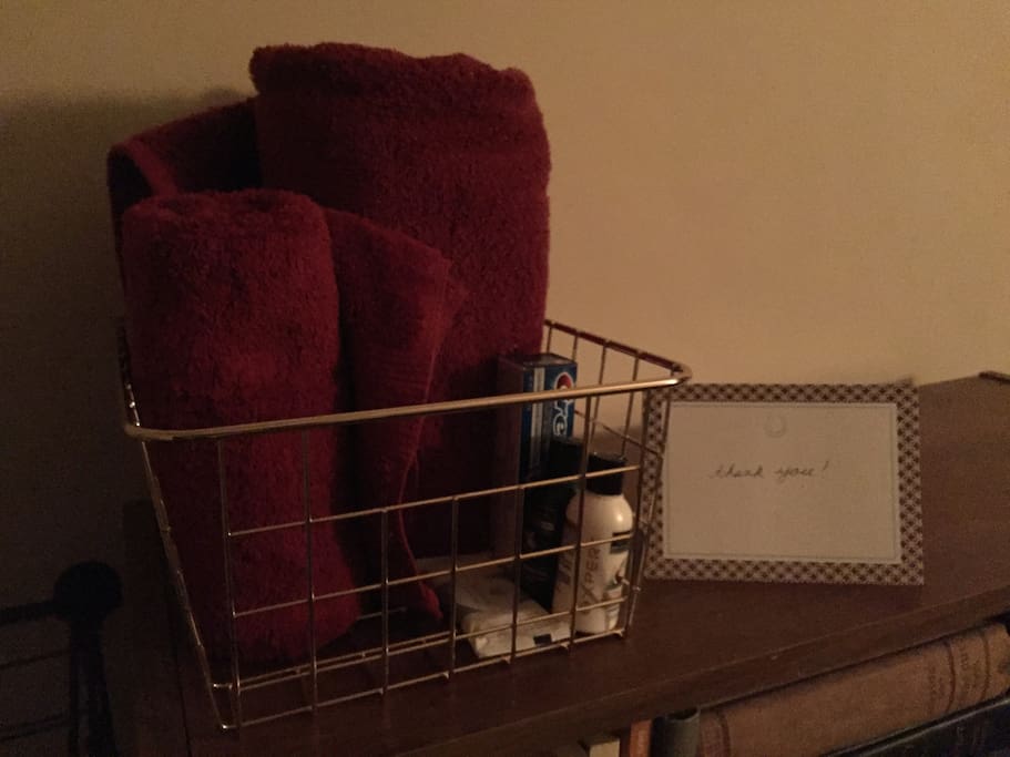 Towels, toiletries, and laundry soap provided