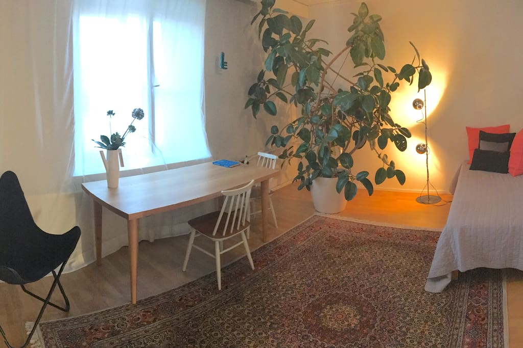 A panorama to the living room. The window faces a quiet side street.