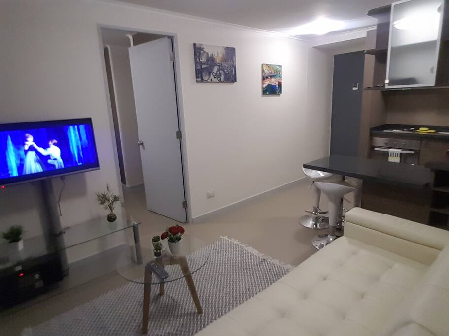 Vista de Living y Cocina. Cuenta con acogedor futon, WIFI y TV con Netflix habilitado