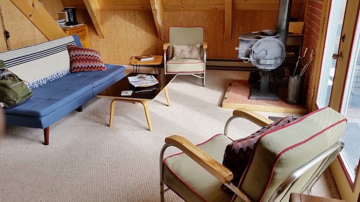piso principal con vista a la sala de estar con muebles vintage y estufa de leña europea...