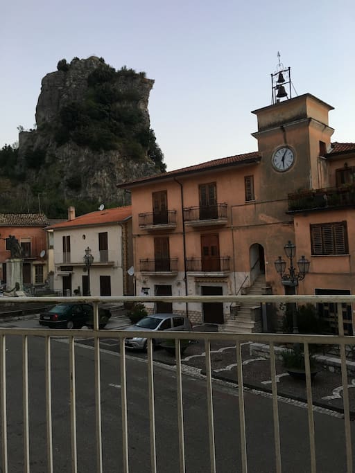 The view of the town square from the balcony of the master bedroom. A true Italian Village scene. The famous Castello of the Village known throughout Italy hulks in the background.