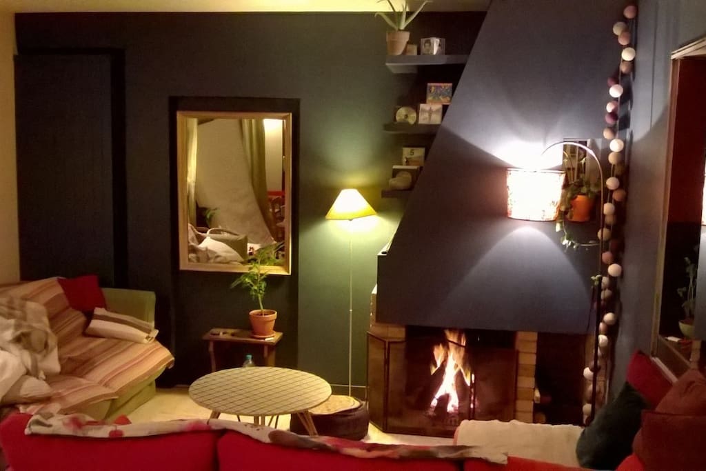 Le coin cosy, avec ses 2 canapés, face à la cheminée.