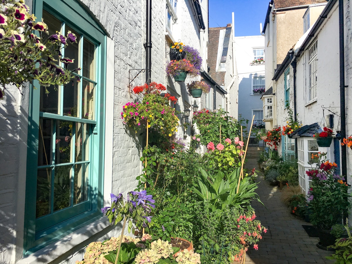 A charming alleyway is flanked by whitewashed buildings, adorned with colorful flower pots and hanging plants. The vibrant blooms in various hues draw attention, while a paved path leads towards a gentle incline, inviting exploration through this picturesque outdoor space.