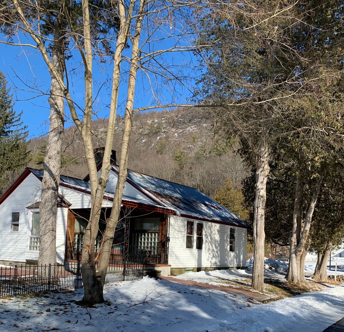 A cozy stand-alone bungalow is depicted, surrounded by trees and a snowy landscape. The exterior features a sloped roof and a decorative fenced yard. Hackensack Mountain rises in the background under a clear blue sky, enhancing the appeal of the setting.