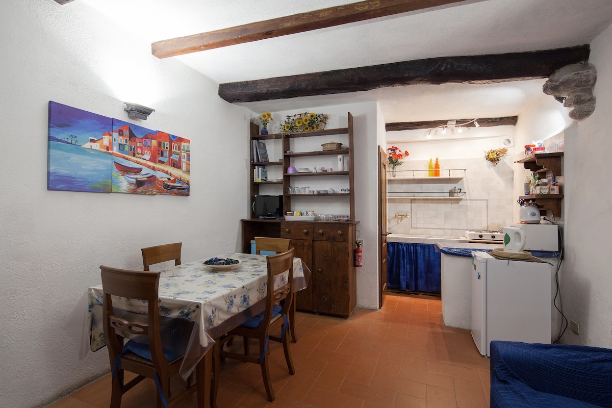 An inviting kitchen and dining area features a wooden dining table surrounded by chairs, with a colorful painting adorning the wall. A well-equipped kitchen is present, showcasing a refrigerator, stove, and essential kitchenware. Exposed wooden beams enhance the historic character of the space.