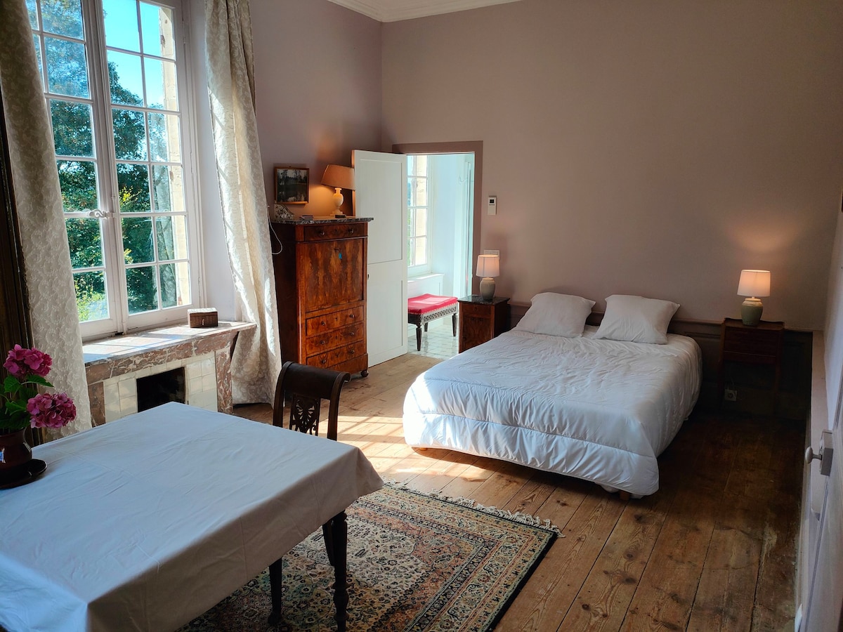 A bright room features large windows allowing ample natural light, illuminating the wooden flooring. A spacious bed with white linens is positioned next to two nightstands, each with a lamp. A simple dining table is paired with a dark wooden chair, complemented by a charming rug.