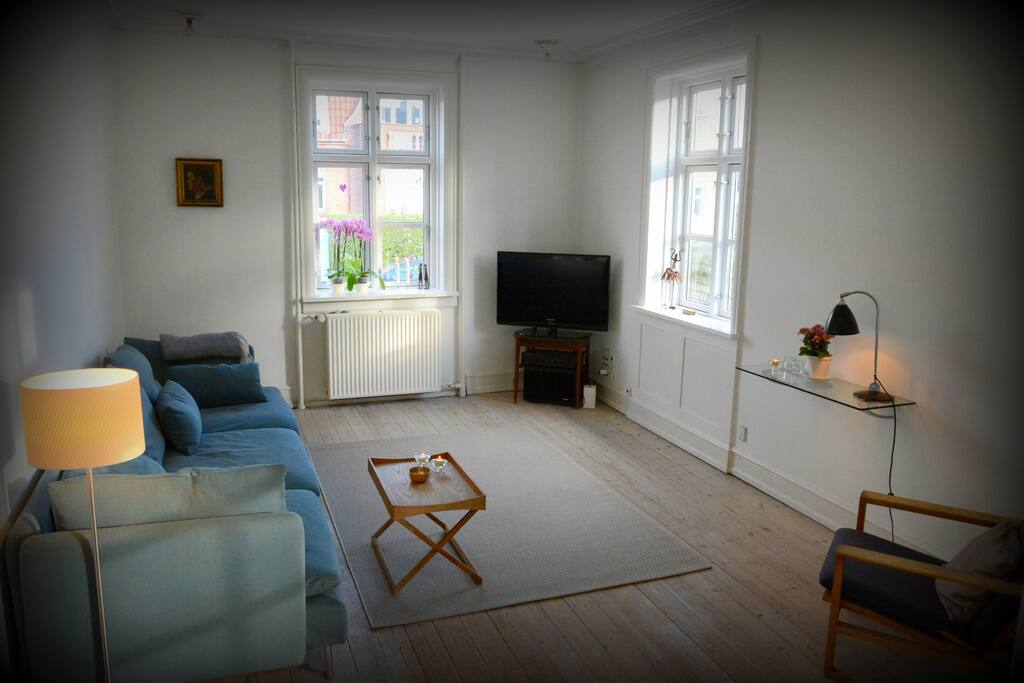 LIVING ROOM: classic Danish design furniture + new 4 pers. sofa + HD 37' Samsung TV with Apple TV (Netflix, etc.) + Chrome Cast
