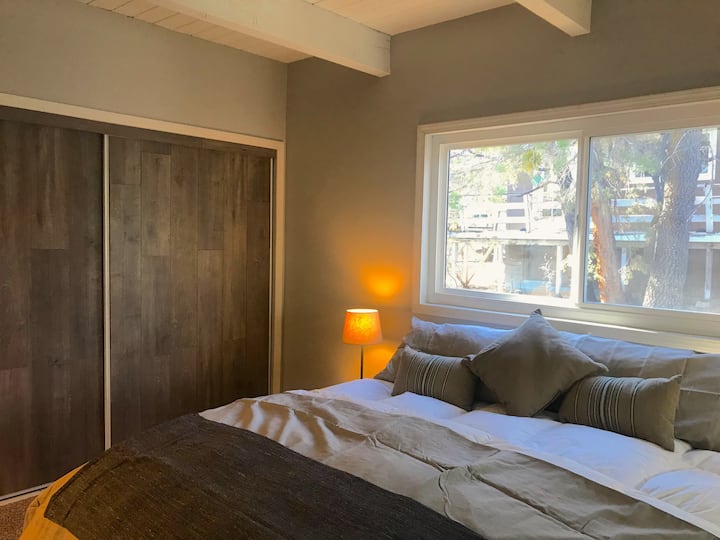 The master bedroom, with its king bed and big closet. Smart tv on the wall.