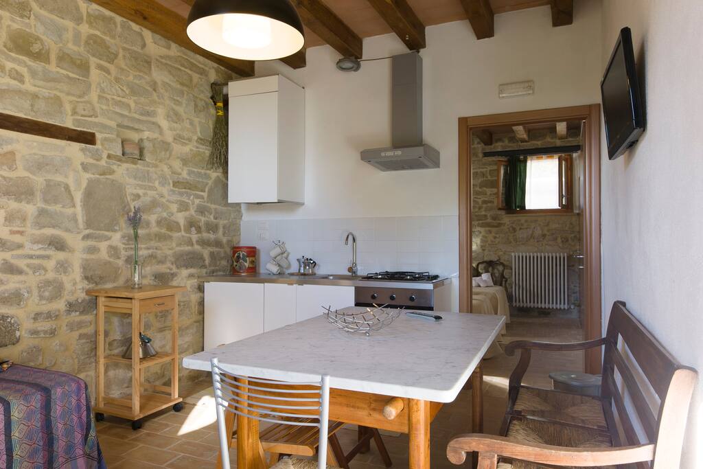 Kitchen that includes microwave (not pictured), dining table seats 5, and single bed to the left in photo, that can be used as a sofa as well.