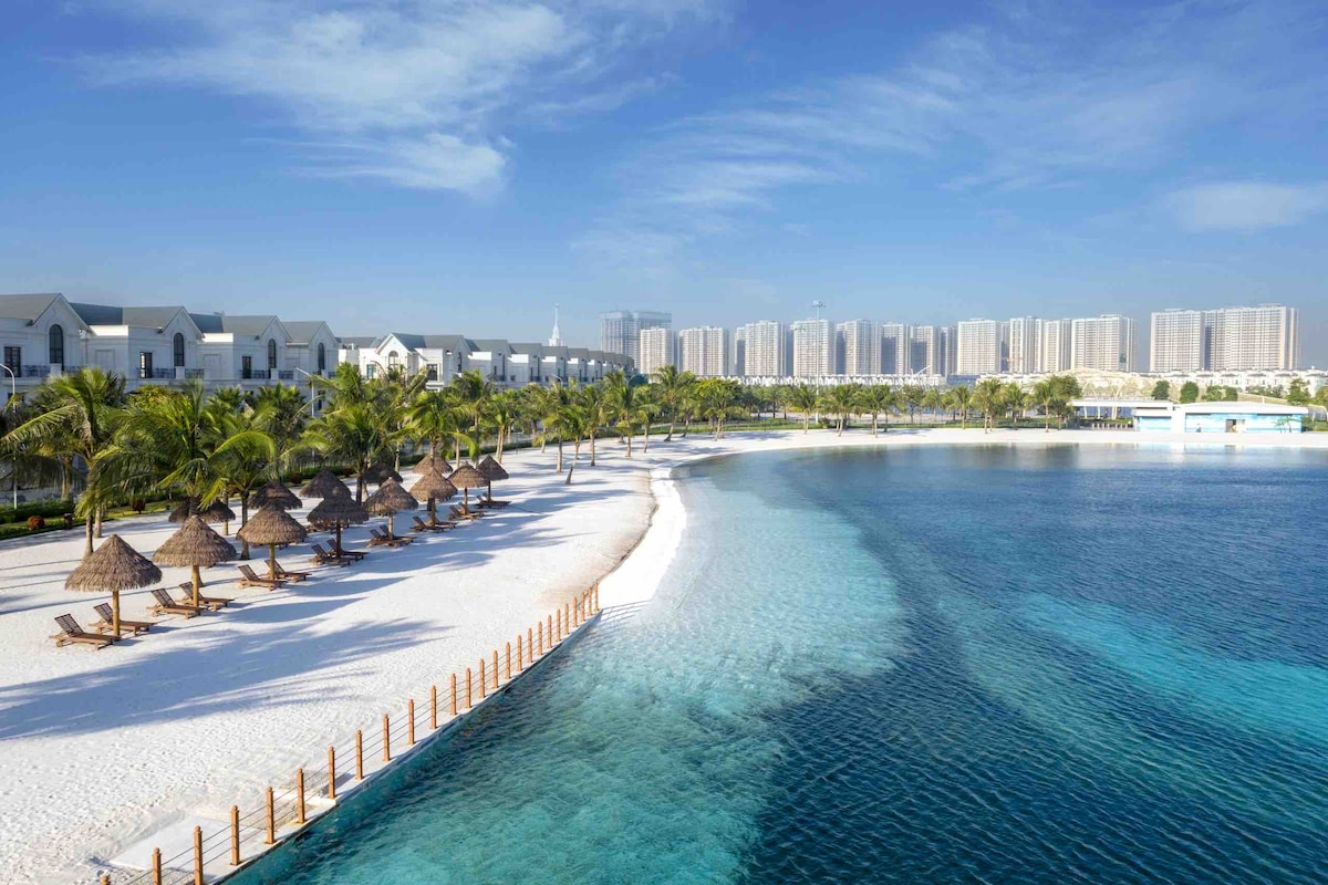 A serene beachfront features soft white sand and gentle turquoise waters. Umbrellas provide shade over wooden lounge chairs, while palm trees sway in the breeze. Modern buildings rise in the background, creating a harmonious blend of nature and urban life.