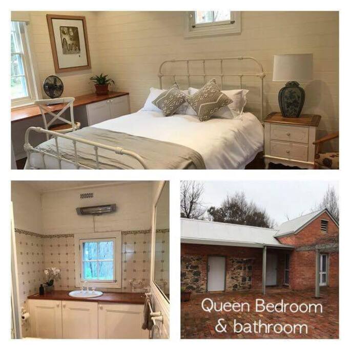 Queen Bed & Bathroom
