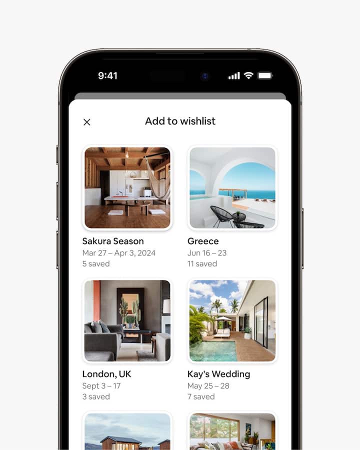 An animation of a phone shows the "heart icon" on the corner of an Airbnb Room listing being tapped. A wishlist screen slides up and the first wishlist, named "Sakura Season," is tapped to add that listing to the wishlist.
