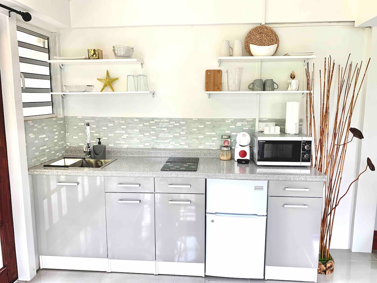 A modern kitchen area features sleek cabinets and a stone countertop. Essential appliances, including a microwave and coffee maker, are organized neatly. Decorative elements, such as a starfish and tall branches, provide a touch of style against a light, airy backdrop.