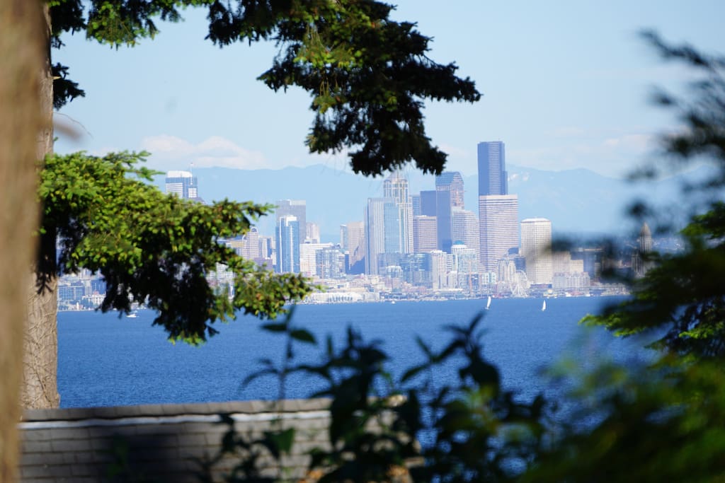 Downtown Seattle and Cascade Mountains across Puget Sound, as seen from the cottage