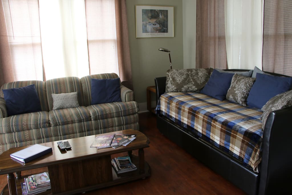 Living Room w/ 1 Sofa Bed and one Couch (Seating is a real mattress and Trundle bed under (also with a real mattress)