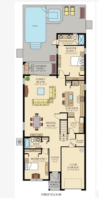 First floor plan shows two bedrooms/bathrooms on opposite sides of the house, plus the dining, living, and kitchen areas.