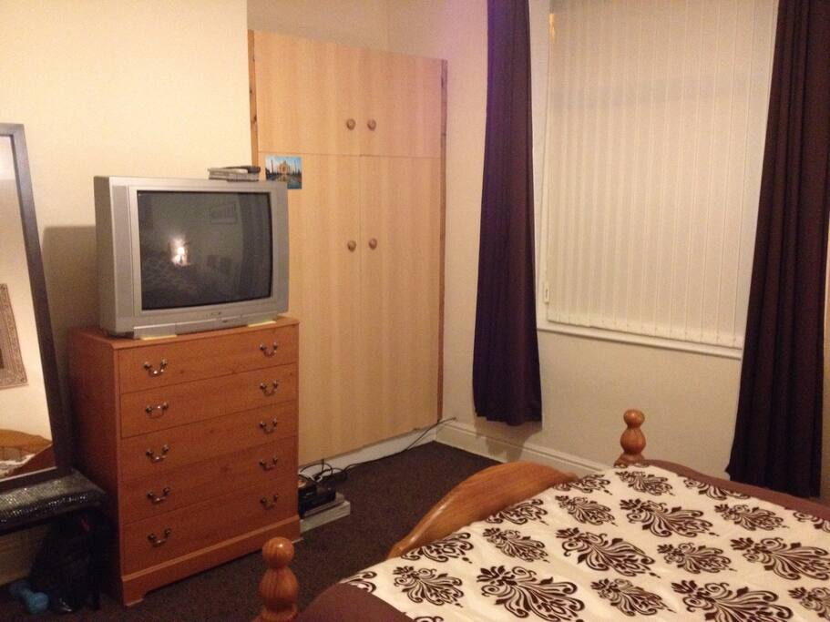 A full length mirror is provided as is a TV for DVD viewing only.
