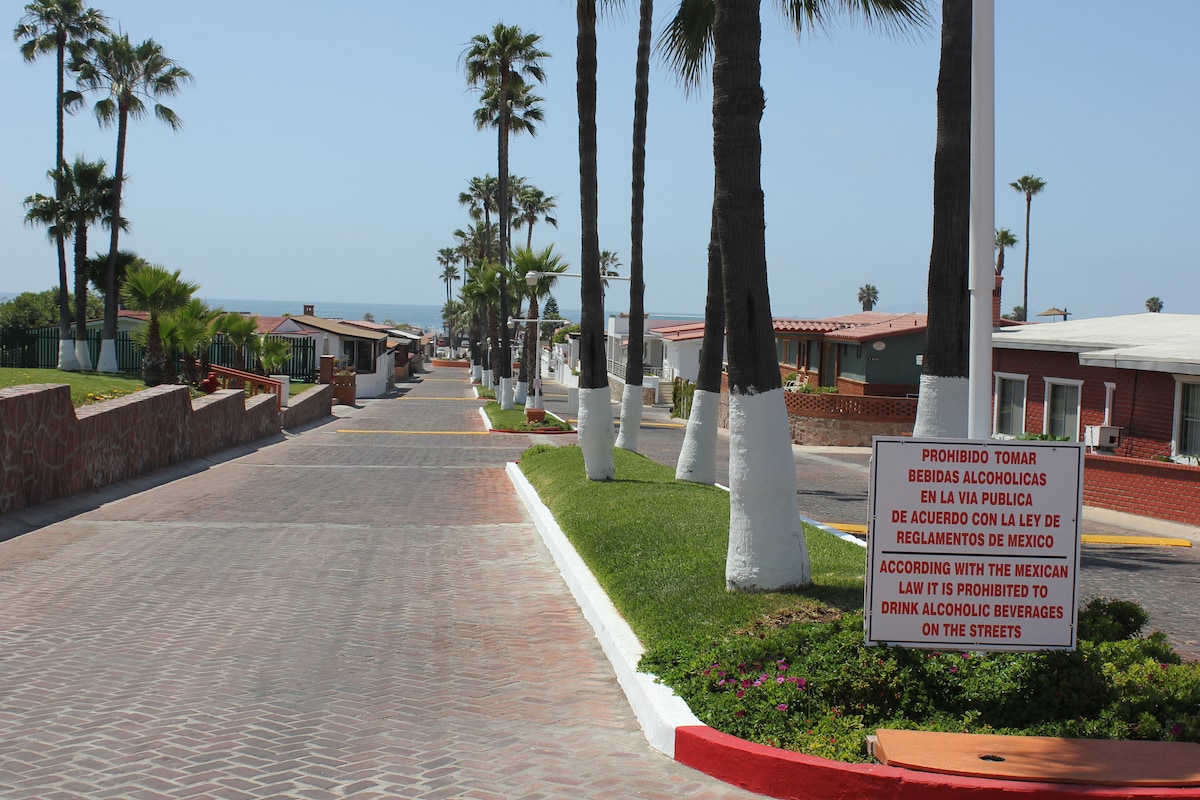 A wide, paved pathway lined with palm trees leads through a serene beach community. Colorful homes are visible to the left and right, with the inviting ocean and distant palm trees adorning the horizon. A sign indicates regulations regarding alcohol consumption in public areas.