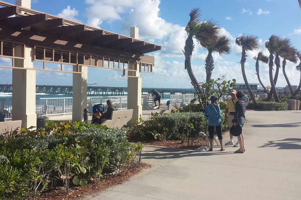 Seating under pergola to view ocean.