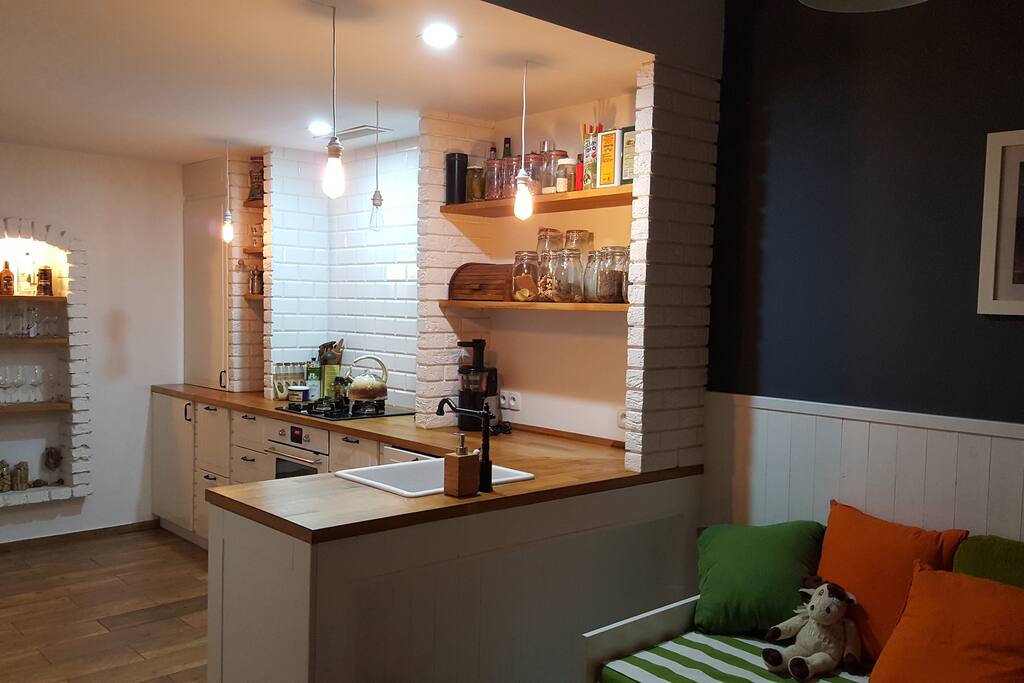 kitchen with small living room