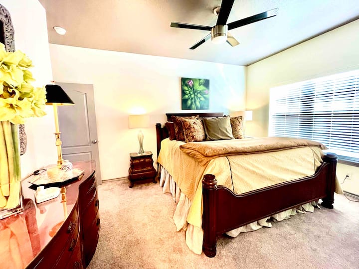 Master bedroom on ground floor, king bed with attached bathroom and walk-in closet