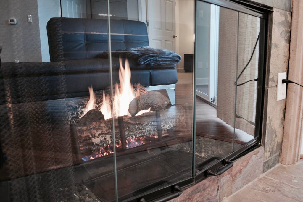 Open living room with fireplace