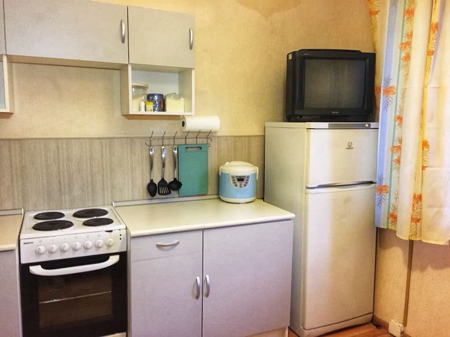 Fridge, TV in the kitchen