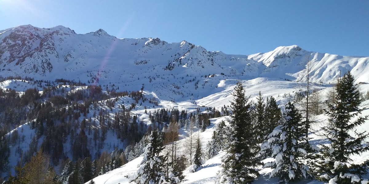 A snow-covered mountainous landscape features majestic peaks topped with white snow. Evergreen trees stand in the foreground, accentuating the serene winter scene under a clear blue sky.