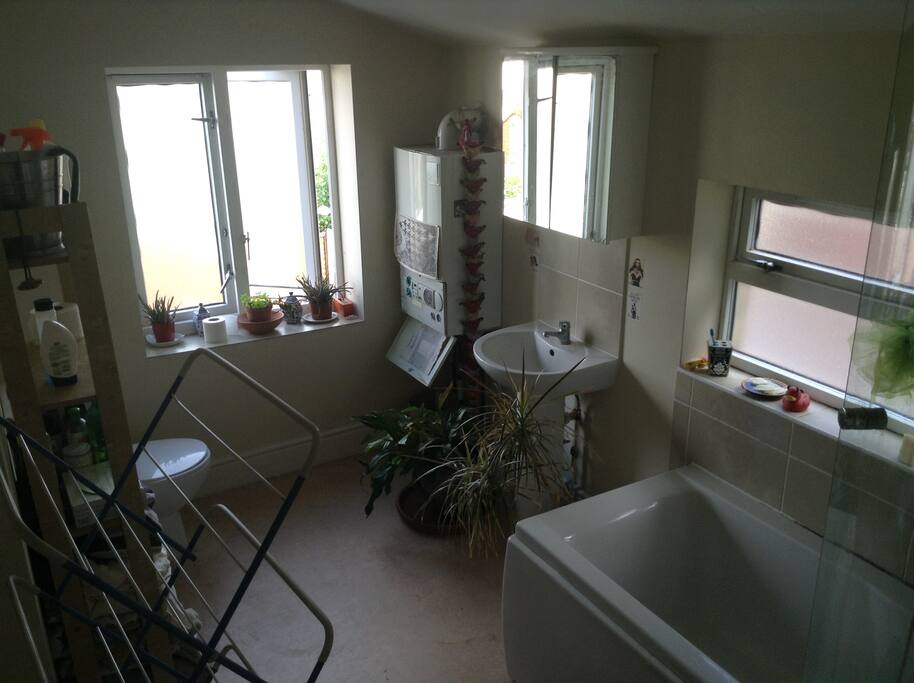 Access to heating controls, a place to dry your washing, a shelf all to yourself, a mirror with light and a shaver socket