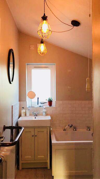 Bathroom with separate bath and shower.