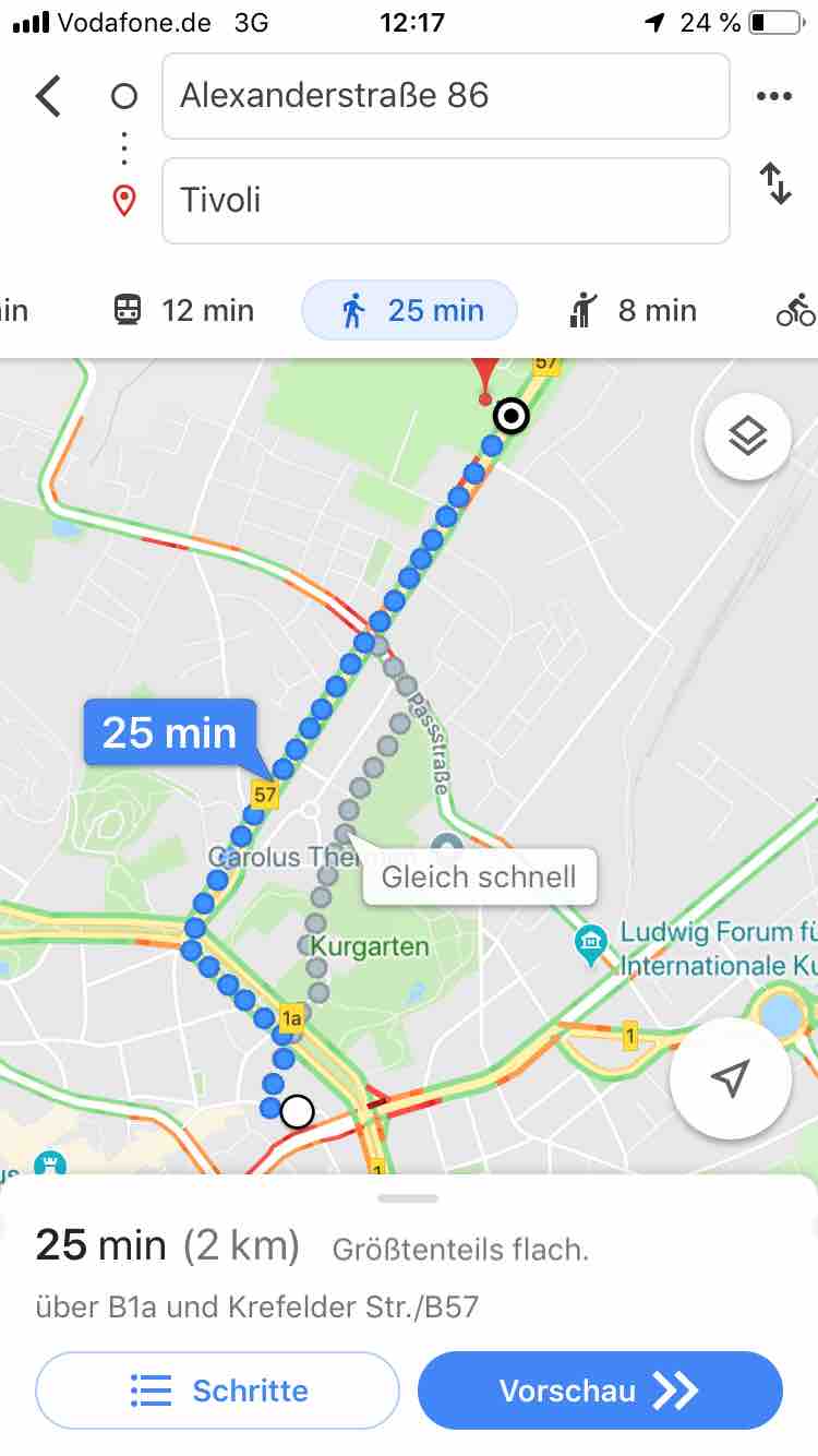 A map displaying a route from Alexanderstraße to Tivoli, indicating a travel time of 25 minutes. Key landmarks, including the Carolus Thermen and Stadt Park, are marked alongside various streets and transportation options.