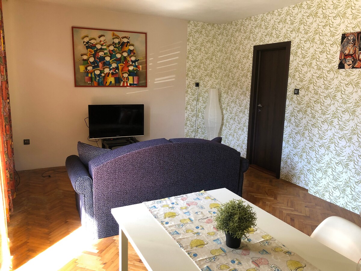 A comfortable seating area features a dark blue sofa facing a television. The walls are adorned with light green patterned wallpaper, and a colorful art piece adds visual interest. Natural light filters through a partially closed window, creating a warm and inviting space.