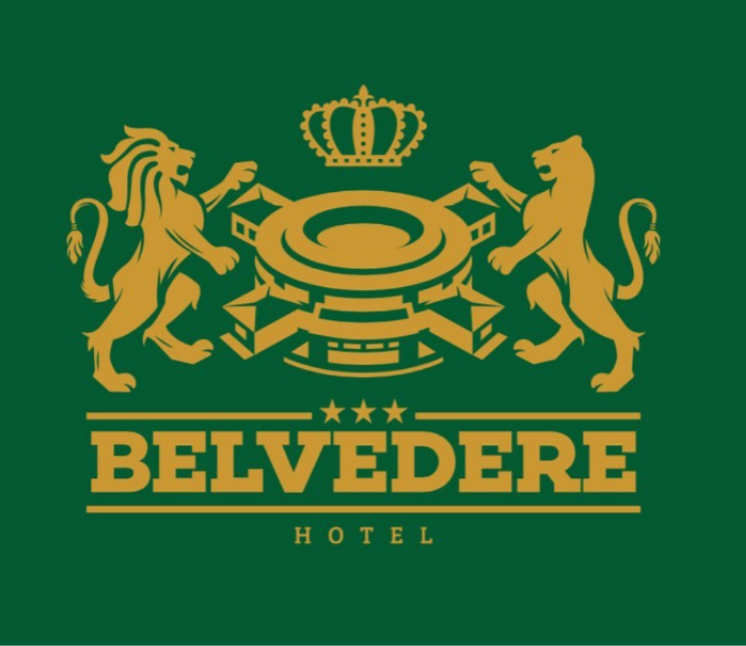 A logo featuring two golden lions standing on either side of a circular emblem is displayed against a green background. The emblem showcases a stylized hotel structure, topped with a crown. The text 'Belvedere Hotel' is presented in bold, uppercase letters beneath the design.