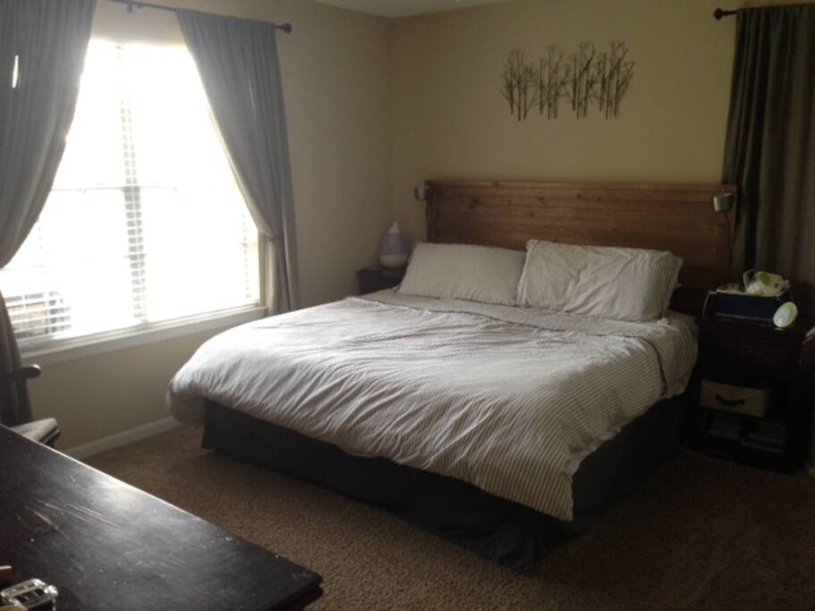 Master bedroom with lots of light and privacy curtains.