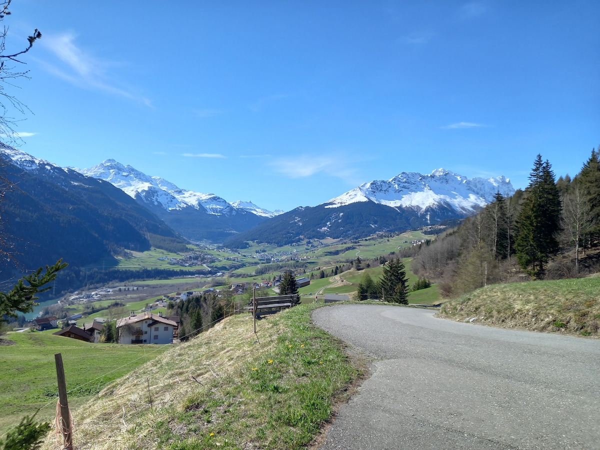 A scenic landscape is presented, featuring rolling green hills framed by snow-capped mountains. A winding road leads through the valley, with small buildings visible in the distance. Clear blue skies add to the serene atmosphere of the natural surroundings.