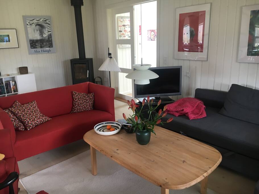 TV hjørne i stue med brændeovn (sofaen er en sovesofa)
