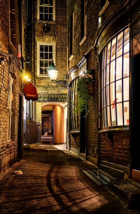 The magical alley that inspired J.K. Rowling. Lit at night by original wrought-iron Victorian gas lamps.
