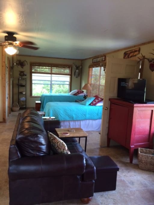 View from side door entry-leather love seat
and 2 comfortable twin beds.