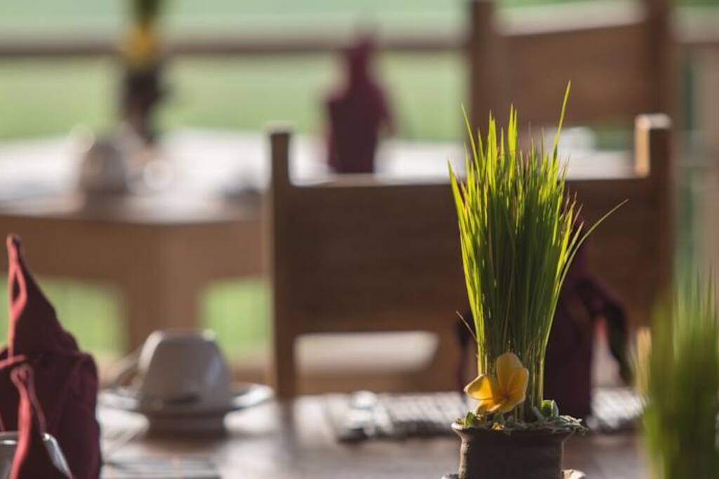 A cozy restaurant overlooking to Mountain and Rice field view