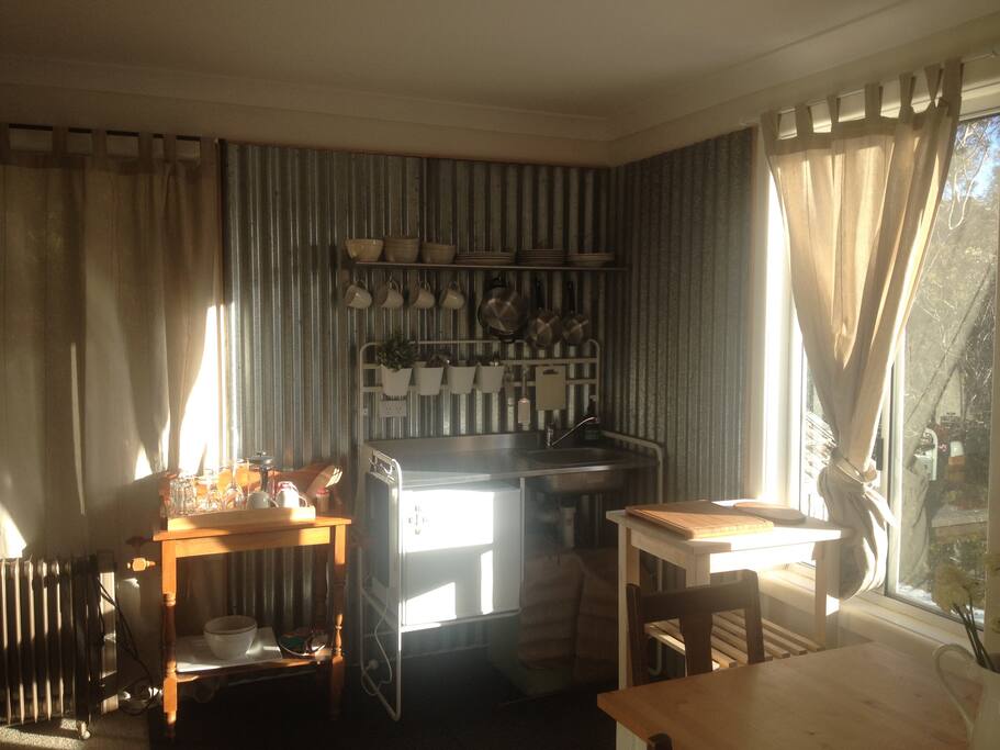 kitchenette with sink, fridge and hot plate