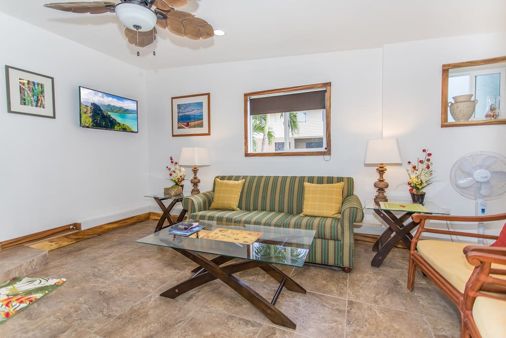 Comfortable sofa sleeper in living room with nice island breeze.