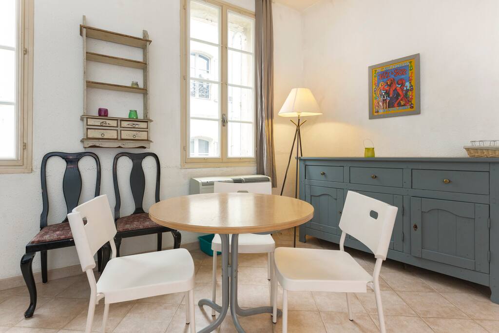 In the cupboard: dishes: plates, flatware, duvet cover, Pillow Shams