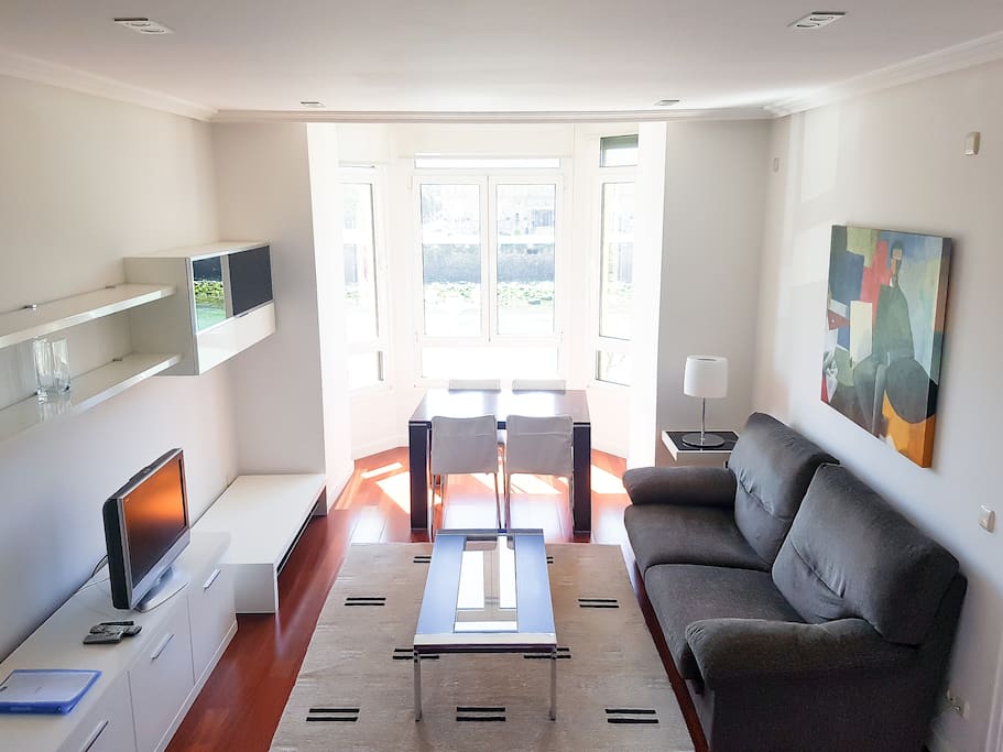 The lounge/kitchen area, looking out over River Urumea.