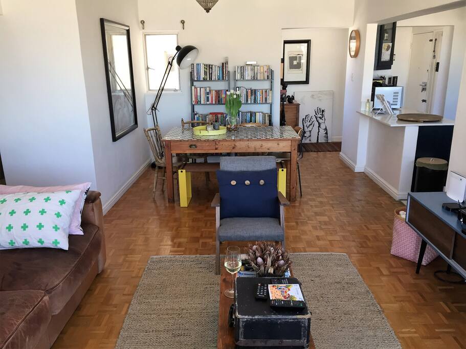 Living and dining area, and kitchen.
