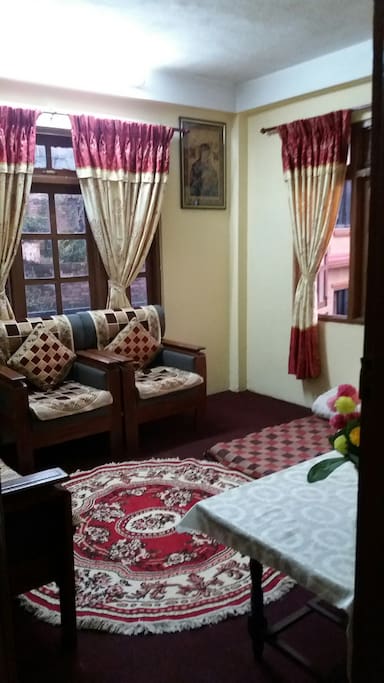 The guest room has a bed, a couch and a tea table.