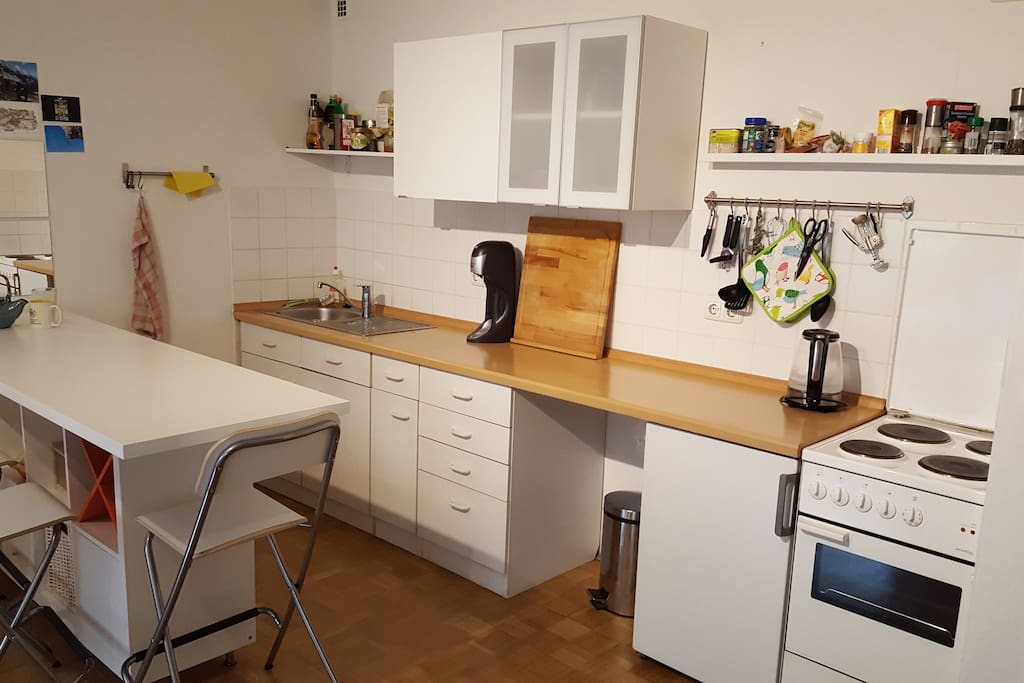 Area for cooking and eating including fridge and cooker.
