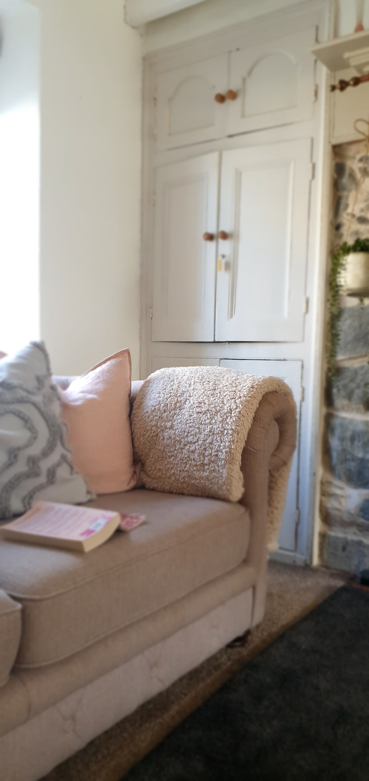 A cozy corner of the cottage is highlighted by a plush sofa adorned with soft cushions. A book rests casually on the armrest, while a vintage wardrobe is visible in the background. Natural light filters through a nearby window, illuminating the space.