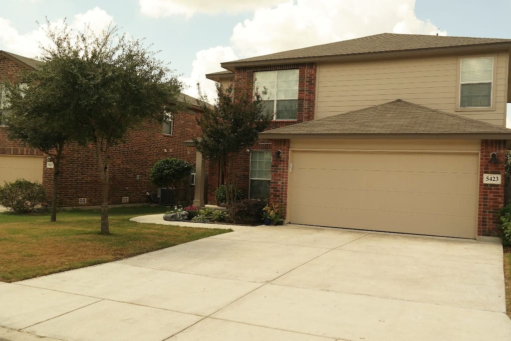 Large garage with parking area.