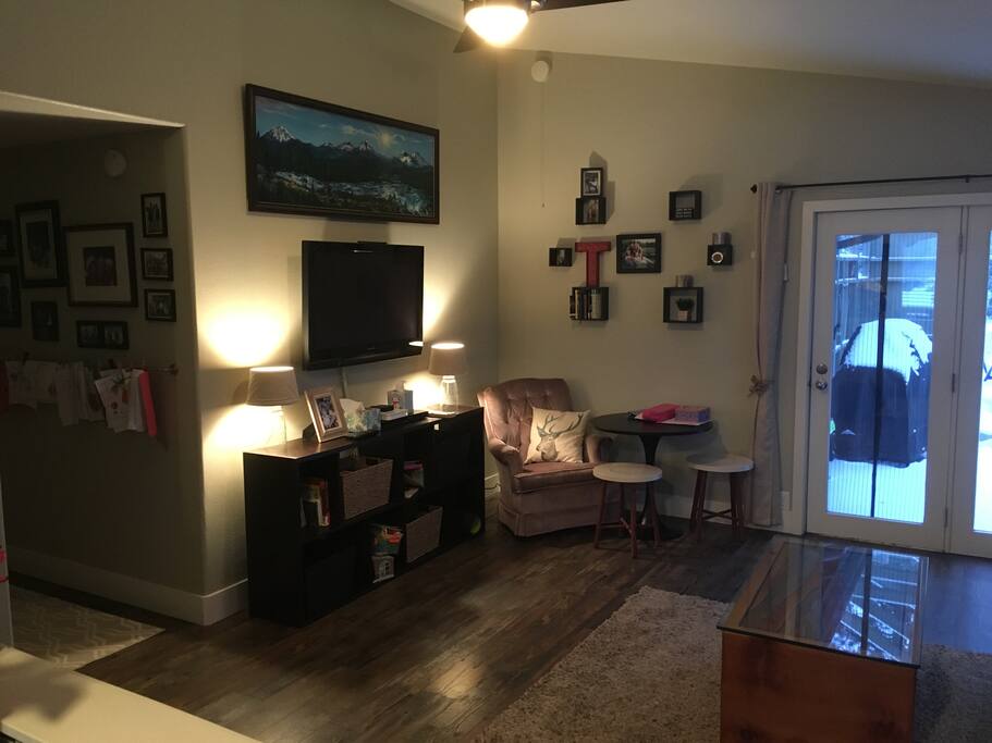 Watch TV on the flat screen while the kids play